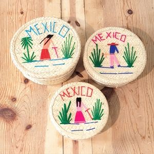 Straw Rattan Handmade Mexican Storage Box Baskets With Yarn Embroidered Lids